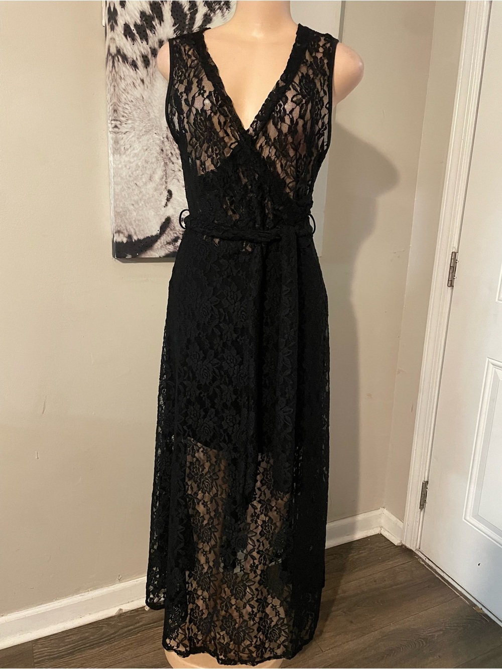 Vintage Minette Elegant Black Lace Maxi Dress sheer top Goth Gown USA sleeveless